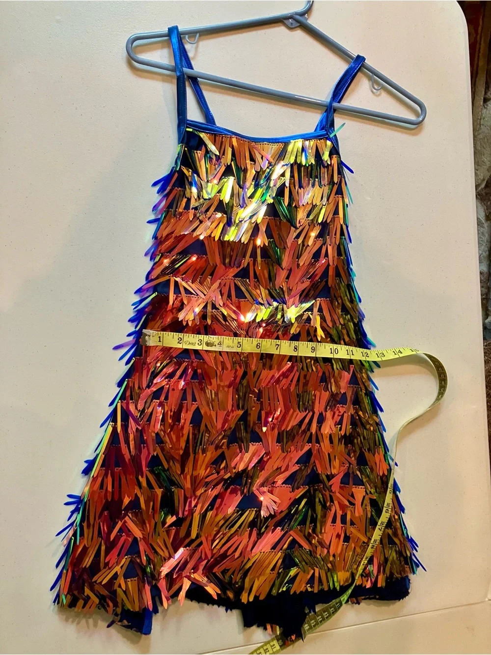 Weissman Iridescent Sequin Fringe Dance Costume Dress Blue Leotard AS